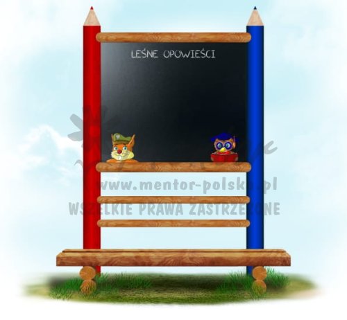 Tablica kredowa - Leśne opowieści, impregnat: dąb, z ławką - wizualizacja poglądowa
