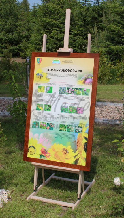 Tablica pszczelarska "Rośliny miododajne" w ramce drewnianej, prezentowana w terenie na sztaludze drewnianej, dużej.