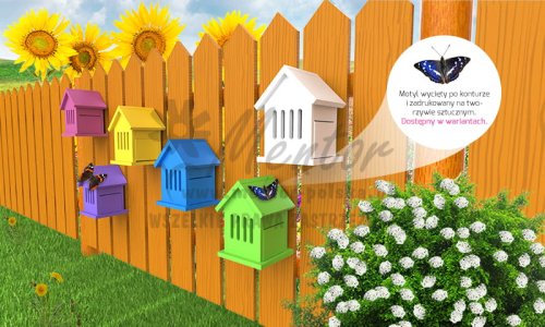 Domek dla motyli - zawieszany na płocie bądź innej płaszczyźnie. Dodatek: motyle wycięte po konturze i zadrukowane.