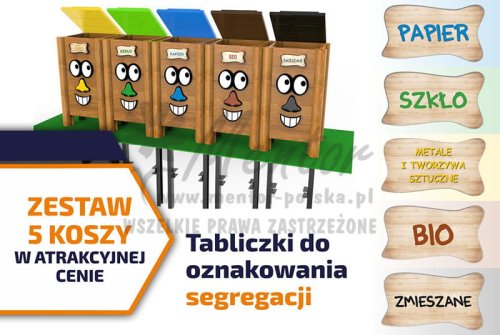 Zestaw 5 koszy na śmieci K08 z oznakowaniem segregacji (wizualizacja poglądowa)