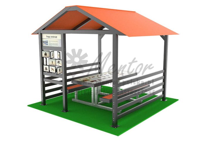 Aluminiowa wiata edukacyjna 310x280 cm - 1 ławostół + gra SOFIA