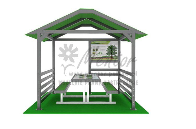 Aluminiowa wiata edukacyjna 310x280 cm - 1 ławostół + tablica edukacyjna