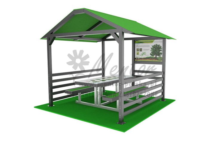 Aluminiowa wiata edukacyjna 310x280 cm - 1 ławostół + tablica edukacyjna