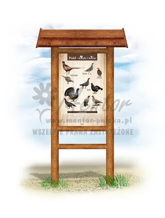 Tablica "Kuraki i łowne". w przykładowym stelażu drewnianym