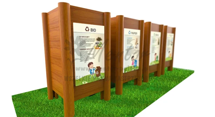 Edukacyjne kosze na śmieci 5 sekcje segregacji, model K04, zbliżenie