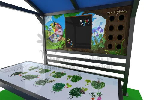 Wiata edukacyjna 1 ławostół + panel przyrodniczy wnętrze