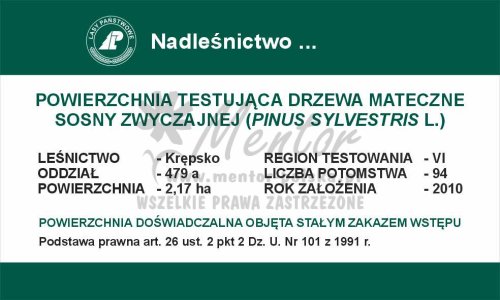Tablica informacyjna - powierzchnia testująca drzewa mateczne, przeznaczona dla lasów państwowych