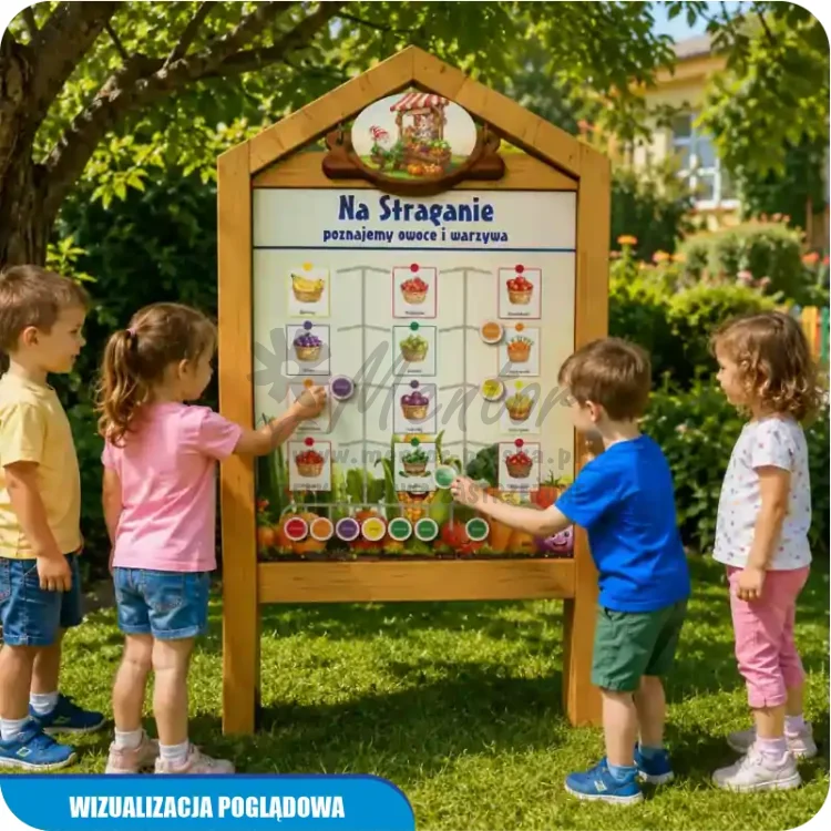 Wizualizacja poglądowa gry edukacyjnej Labirynt przedszkolaka, kolor dąb, w ogrodzie przedszkolnym
