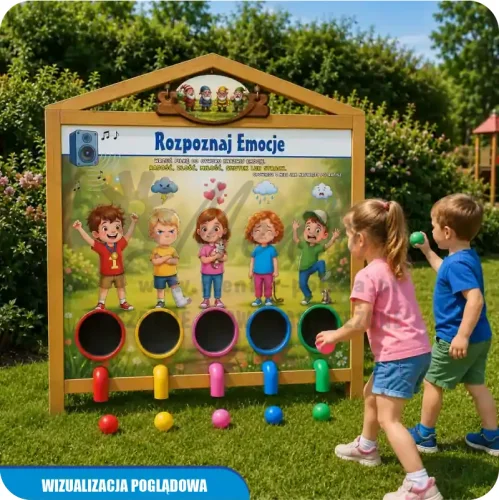 Wizualizacja poglądowa gry edukacyjnej Wrzutki przedszkolaka, kolor dąb, w ogrodzie przedszkolnym