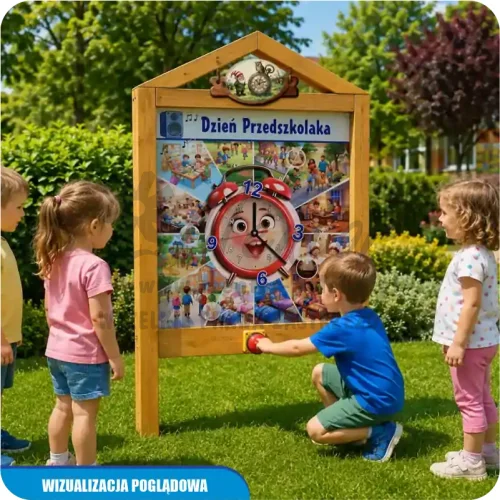 Wizualizacja poglądowa gry edukacyjnej Zegar przedszkolaka - dobowa aktywność przedszkolaka, kolor dąb, w ogrodzie przedszkolnym