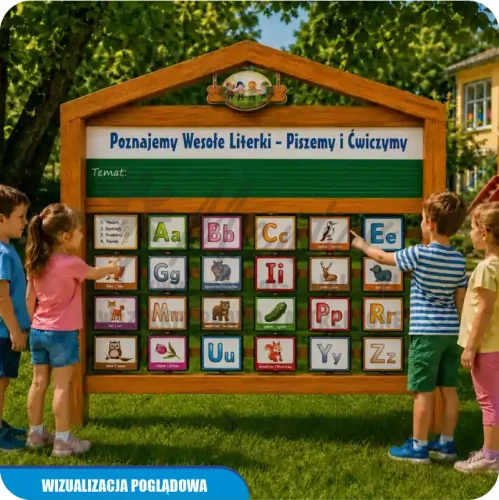 Wizualizacja poglądowa gry edukacyjnej Obracanka przedszkolaka - Wesołe literki - Poznaję alfabet, kolor dąb, w ogrodzie przedszkolnym