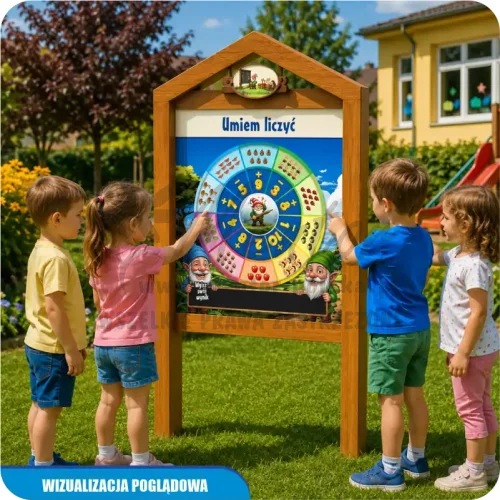 Wizualizacja poglądowa gry edukacyjnej Koło przedszkolaka, kolor dąb, w ogrodzie przedszkolnym