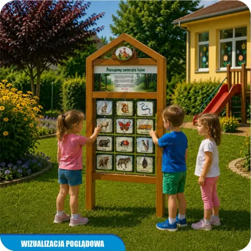 Gra edukacyjna - Memory przedszkolaka, kolor dąb. Wizualizacja w terenie z bawiącymi się dziećmi