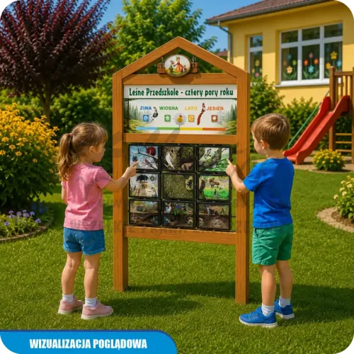 Wizualizacja poglądowa gry edukacyjnej Puzzle przedszkolaka – Leśne Przedszkole Cztery Pory Roku, kolor dąb, w ogrodzie przedszkolnym