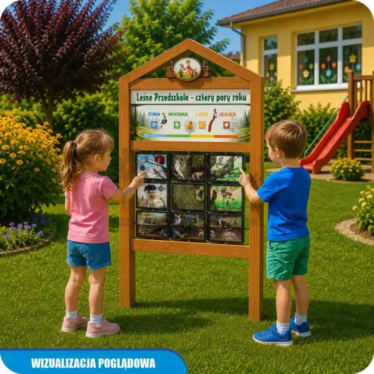 Wizualizacja poglądowa gry edukacyjnej Puzzle przedszkolaka – Leśne Przedszkole Cztery Pory Roku, kolor dąb, w ogrodzie przedszkolnym