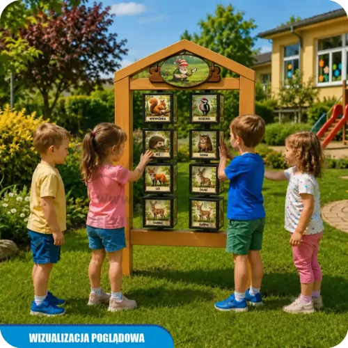 Wizualizacja poglądowa gry edukacyjnej Podwójny Światowid przedszkolaka, kolor dąb, w ogrodzie przedszkolnym