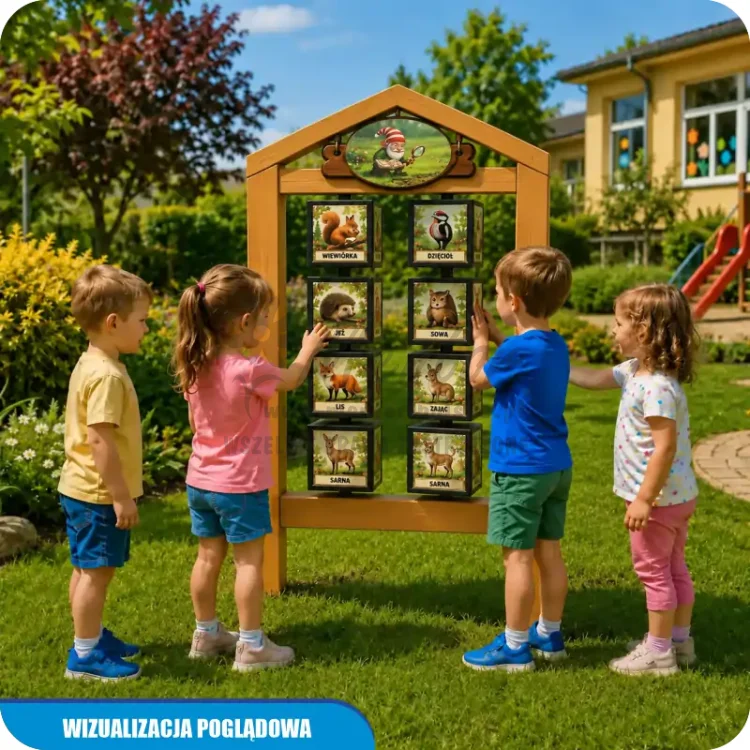 Wizualizacja poglądowa gry edukacyjnej Podwójny Światowid przedszkolaka, kolor dąb, w ogrodzie przedszkolnym