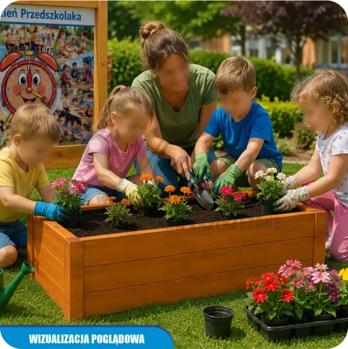Wizualizacja poglądowa drewnianej donicy na kwiaty w ogrodzie przedszkolnym, kolor dąb