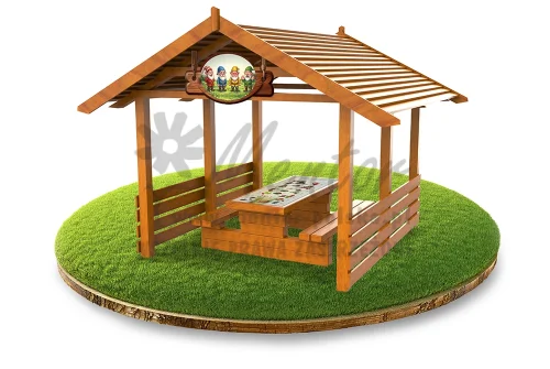 Wiata edukacyjna ŚP-W08 z ławostołem edukacyjnym PREMIUM oraz nagłówkiem, kolor dąb