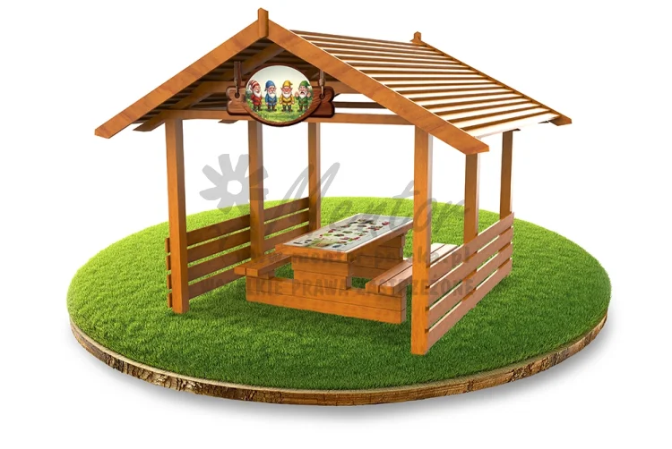 Wiata edukacyjna ŚP-W08 z ławostołem edukacyjnym PREMIUM oraz nagłówkiem, kolor dąb
