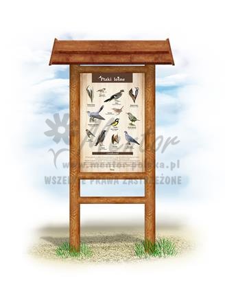 Tablica "Ptaki leśne", w przykładowym stelażu drewnianym