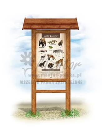 Tablica "Leśni drapieżcy", w przykładowym stelażu drewnianym