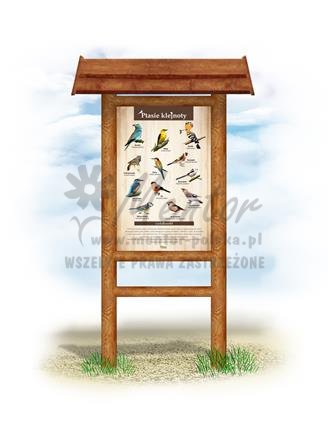Tablica "Ptasie klejnoty",  w przykładowym stelażu drewnianym